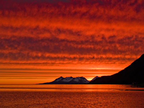 Photo of amazing red sunset at midnight in northern Norway