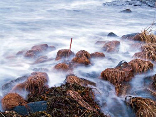 Long exposure picture of high tide at the coast in Northern Norway