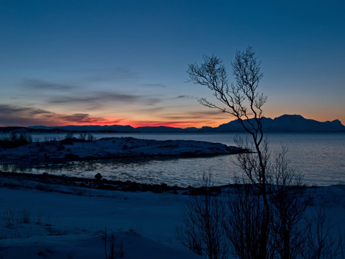 Photo of beautiful winter dusk over fjord in Northern Norway